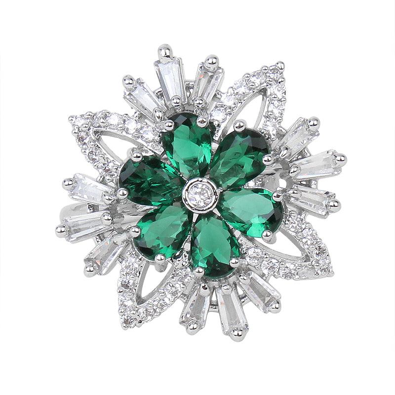 Silver Emerald Green Flower Adjustable Ring Unigem