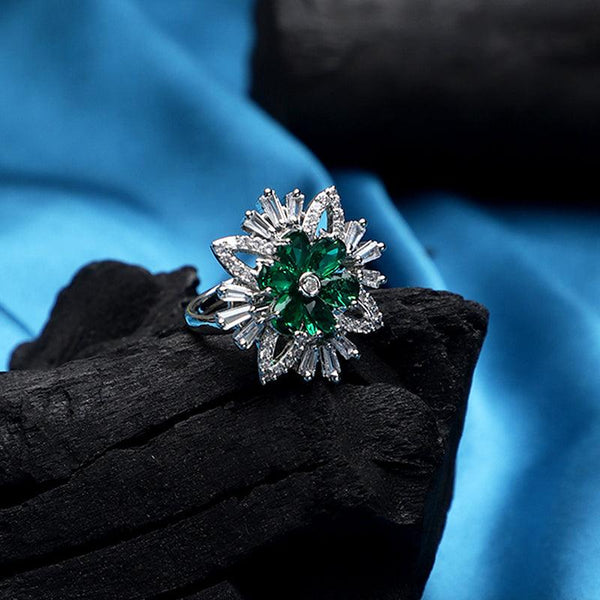 Silver Emerald Green Flower Adjustable Ring Unigem